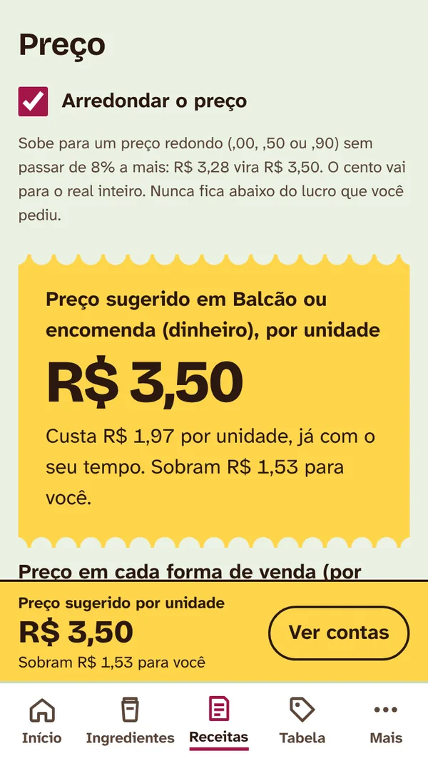 Tela da receita com a etiqueta amarela: preço sugerido R$ 3,50 por unidade; custa R$ 1,97 já com o seu tempo; sobram R$ 1,53.